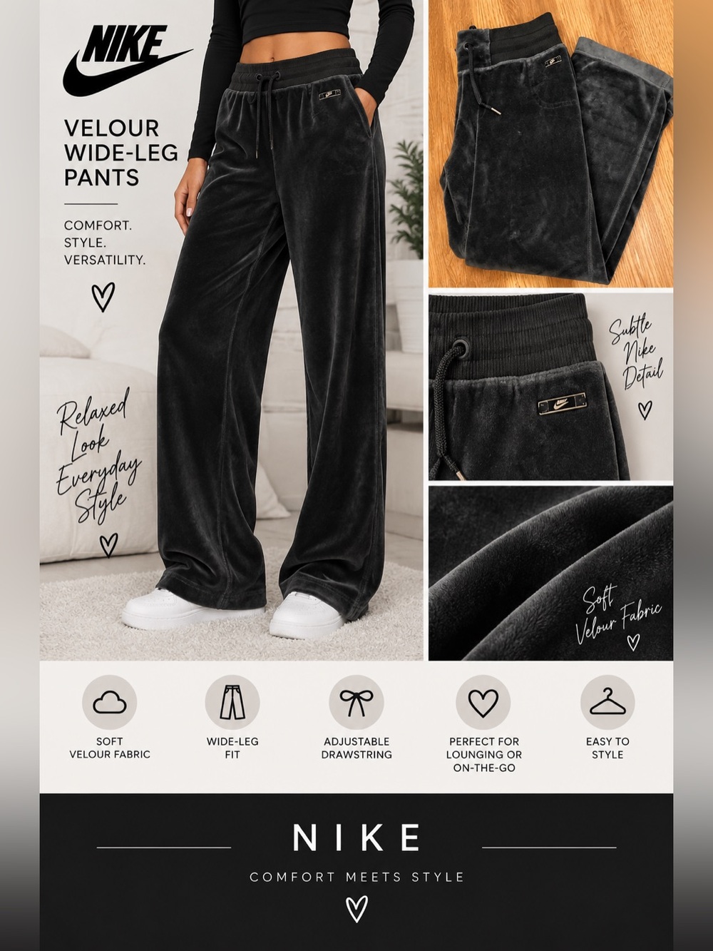 Nike Black Velour Wide-Leg Drawstring Pants